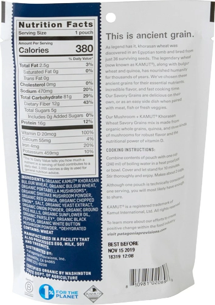 Patagonia Provisions Savory Grains - Mushroom + Kamut Khorasan Wheat - 1 Serving - None - Image 2