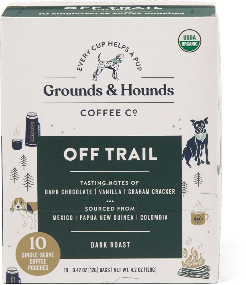 Grounds & Hounds Coffee Co. Off Trail Single-Serve Steeping Coffee Pouches - Package of 10 - Dark Roast